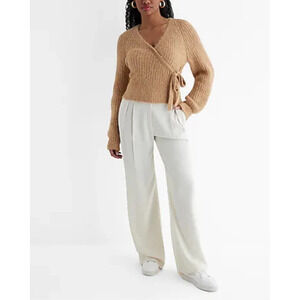 Express Fuzzy Ribbed Surplice Tie Wool Blend Sweater in Pecan Size Small NWT